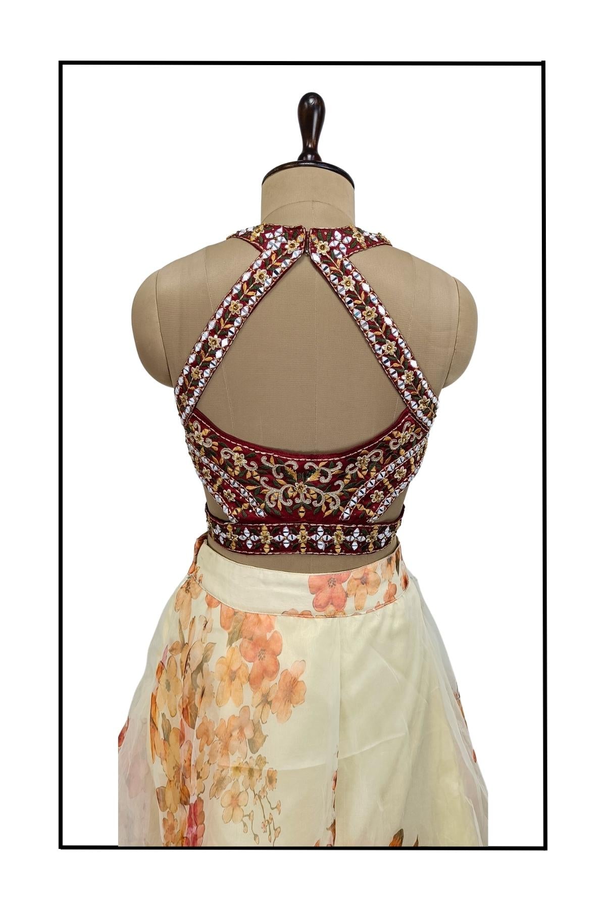 Wine high neck blouse with lehenga and dupatta Design by Neha & Tarun at  Modvey | Modvey